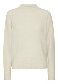 Pull en maille duveteuse de couleur crème avec manches longues et col montant, poignets et ourlet côtelés.