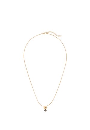 Delikatny złoty łańcuszek z małą złotą koralikiem i pojedynczym wiszącym ciemnym kamieniem szlachetnym.