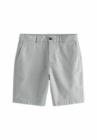 Shorts gris en tissu tissé, avec deux poches latérales et une fermeture à bouton. Le design est simple avec une coupe droite.