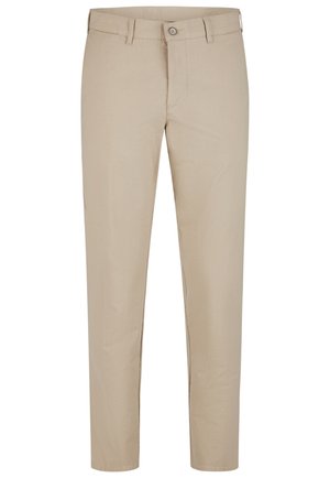 Beige gerade geschnittene Hose mit Knopf- und Reißverschluss, Gürtelschlaufen und vorderen Taschenähten.