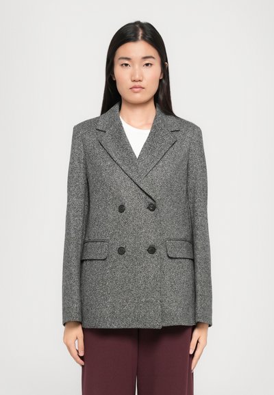 Gray double-breasted blazer made of textured fabric with notched lapels, featuring black buttons and two front pockets.