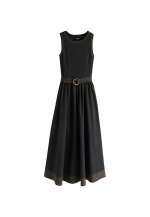 Sleeveless black midi dress with a round neckline, brown contrast stitching, gathered skirt, and matching fabric belt with a metallic buckle.