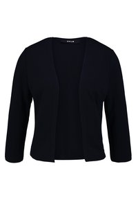 Cardigan nero leggero con maniche a tre quarti, design aperto e texture liscia. Presenta dettagli minimi e nessun gancio.