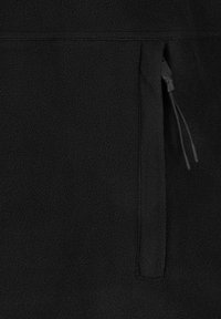 Black fleece pullover featuring a pocket with a zipper closure. Soft texture with a smooth finish and minimal seam detailing.