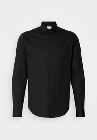 Black long-sleeve button-up shirt made from smooth cotton fabric. Features a classic collar, front buttons, and a curved hem.