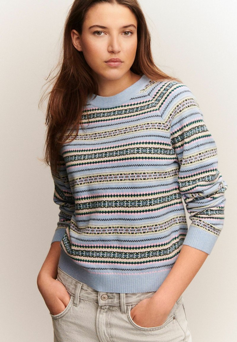 Lichtblauwe sweater met multicolored gestreepte patronen. Ribgebreide ronde hals en manchetten. Stof lijkt zacht met een gestructureerd, gebreid ontwerp.