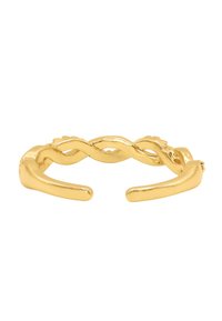 Goudkleurige metalen ring met een gedraaide design met afwisselend gladde en textuur gedeeltes. Open uiteinden met taps toelopende punten voor een verstelbare pasvorm.