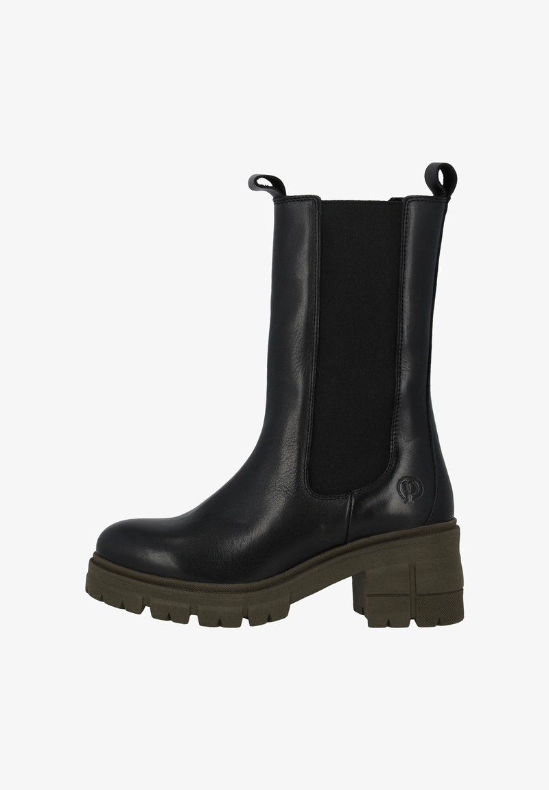 Czarne skórzane botki za kostkę z elastycznymi bokami, masywną oliwkową platformą i uchwytami ułatwiającymi zakładanie. Zaprojektowane z gładką teksturą.
