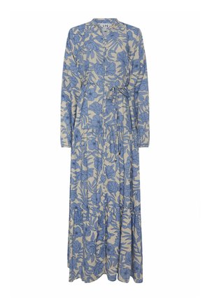 Vestido largo beige con estampado floral azul, cierre delantero con botones, mangas largas y cinturón de lazo en la cintura.