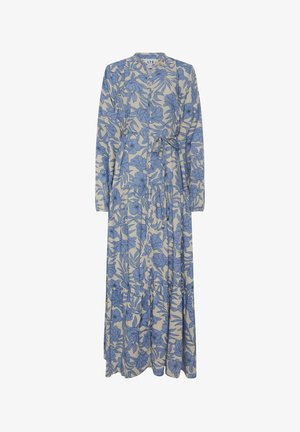 Long beige dress with blue floral print, button-down front, long sleeves, and a waist tie belt.
