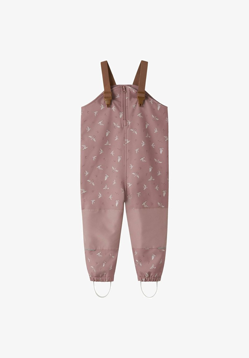 Rosa wasserdichte Latzhose mit Vogelmustern, verstellbaren braunen Trägern, Reißverschluss, elastischen Bündchen und reflektierenden Akzenten an den Beinen.