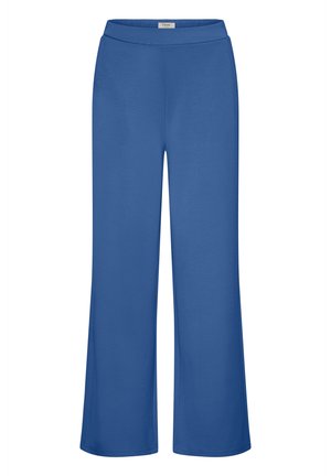 Zilas, plašas bikses ar vaļēju staru, izgatavotas no mīksta, elastīga materiāla. Tām ir plakana jostasvieta un gluda tekstūra. Nav redzamu rakstu vai metāla detaļu.