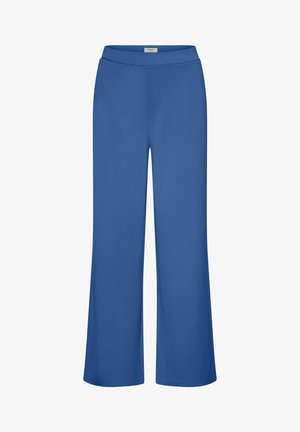 Pantalon bleu à jambes larges fabriqué en matière douce et extensible. Il présente une ceinture plate et une texture lisse. Aucun motif visible ni élément métallique.