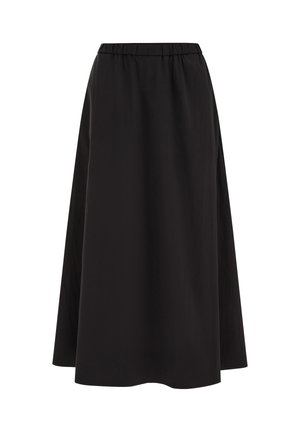 Jupe midi noire évasée avec taille élastique, tissu lisse et design simple et fluide.