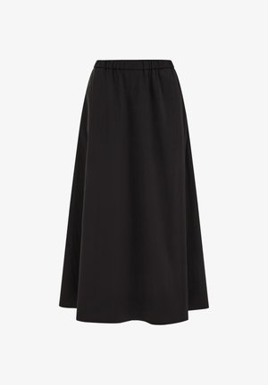 Zwarte A-lijn midi-rok met elastische tailleband, gladde stof en een eenvoudig, vloeiend ontwerp.