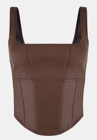 Top corto in ecopelle marrone con scollo quadrato, spalline larghe e dettagli in pannelli strutturati per un look raffinato.