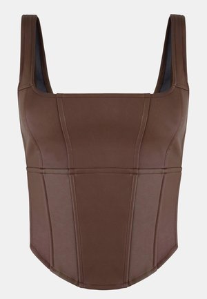 Top corto in ecopelle marrone con scollo quadrato, spalline larghe e dettagli in pannelli strutturati per un look raffinato.