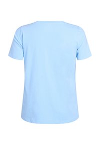T-shirt in cotone azzurro chiaro con maniche corte e scollo rotondo, caratterizzato da una texture liscia e una vestibilità comoda. Vista posteriore mostrata.