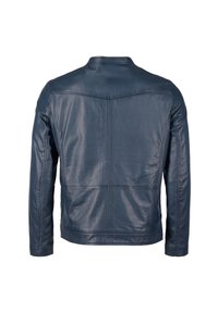 Dunkelblaues Lederjacke mit glatter Textur, tailliertem Design und kontrastreichen Steppnähten, ausgestattet mit einem hohen Kragen und langen Ärmeln.