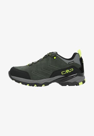 Waterproof hiking shoes in dark green suede with black accents and neon yellow details. Features a rugged sole for traction and durability.