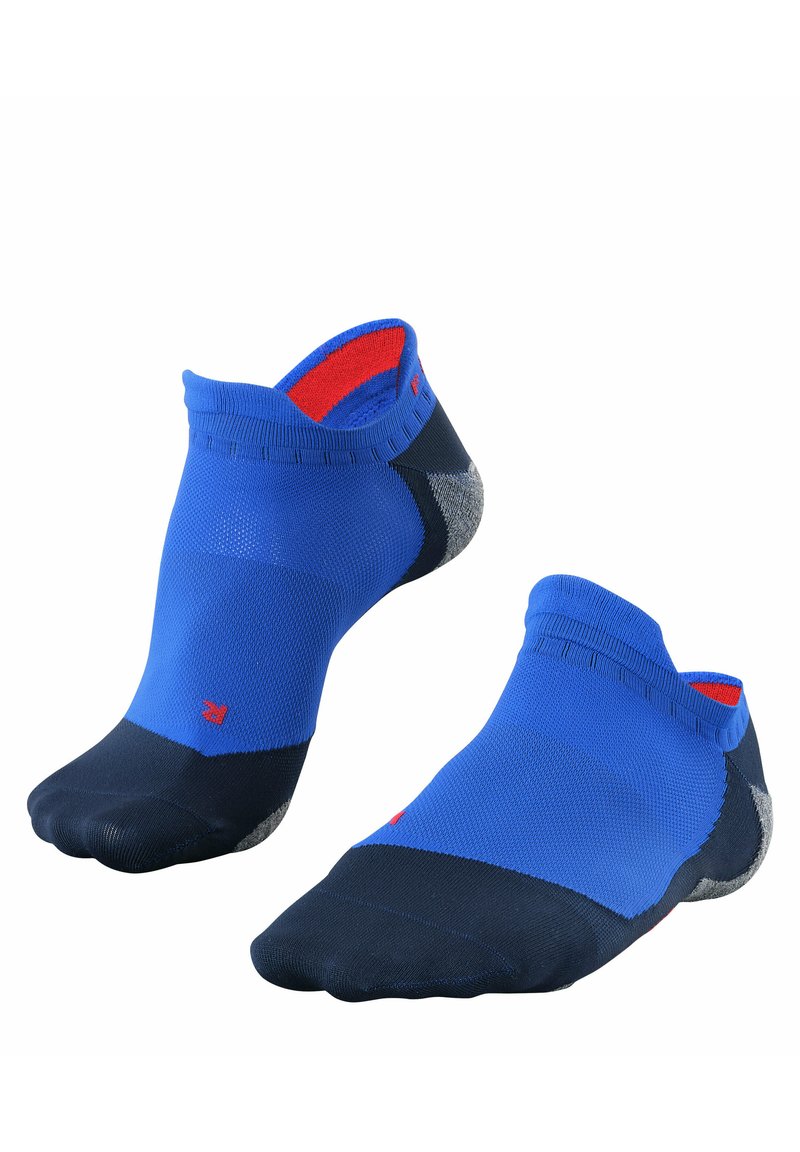 Calzini invisibili blu e navy con un tessuto testurizzato, dettagli rossi in cima e una sezione della punta rinforzata.