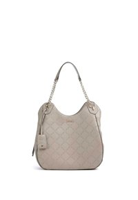 Sac à main en similicuir beige avec un motif en losanges texturé, doté d'une poignée en chaîne et d'un petit pendentif sur le côté comme détail.