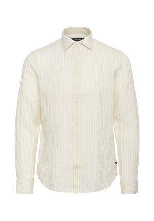 Svetlo rumena prugasta košulja s dugim rukavima, standardnim ovratnikom i prozirnim dugmadi; ima teksturirani materijal.