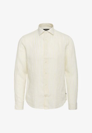 Šviesiai geltonas juostelėmis marškinių megztukas su ilgomis rankovėmis, standartiniu apykakle ir skaidriais mygtukais; pasižymi tekstūruota medžiaga.