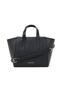 Borsa a tracolla in pelle nera con dettagli borchiati sui lati, forma strutturata, doppi manici superiori e una tracolla regolabile. Logo esposto sul davanti.