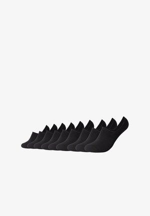 Schwarze, niedrig geschnittene Socken in einer Reihe angeordnet, aus weichem Baumwollmischmaterial. Jede Socke hat eine glatte Textur und keine sichtbaren Muster.