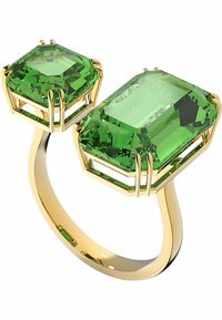 Goldring mit zwei großen, rechteckigen grünen Edelsteinen, die in geometrischen Krappen gefasst sind. Glatte Ringschiene mit polierter Oberfläche.