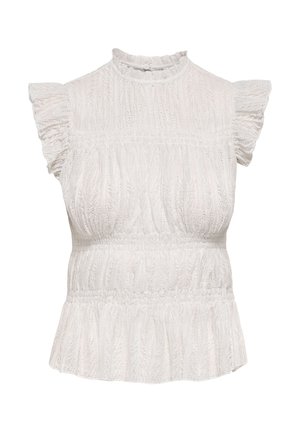 Blouse blanche en dentelle texturée avec col montant froncé, manches courtes évasées et détail froncé à la taille.