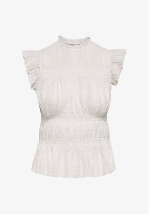 Blusa blanca de encaje texturizado con cuello alto con volantes, mangas cortas acampanadas y detalle fruncido en la cintura.