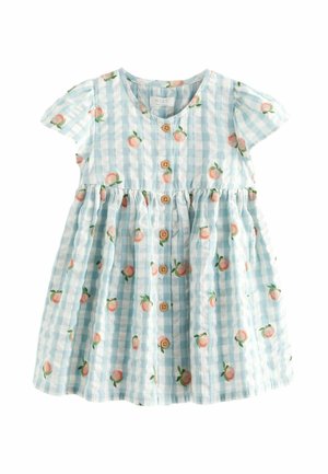 Robe de bébé à carreaux bleu clair et blanc avec manches courtes, boutons en bois à l'avant et imprimés de pêches roses dispersés sur le tissu.