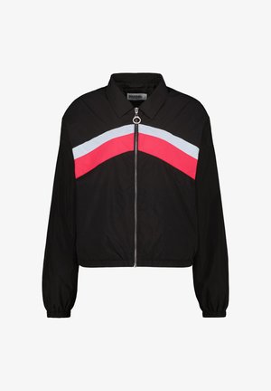 Black jacket with a collar, zip closure, and elastic cuffs. Features a prominent red and light blue chevron stripe design across the chest.