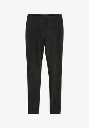 Fekete, slim fit kordbársony nadrág, látható függőleges varrásokkal, egyenes lábakkal és rugalmas derékkal.