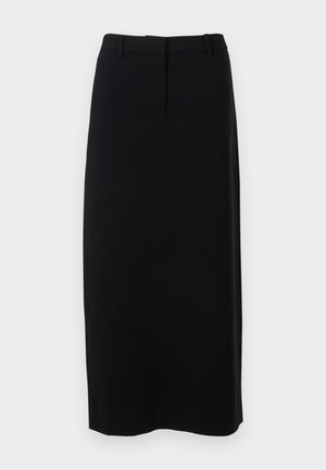 Black, knee-length pencil skirt made of smooth fabric with a fitted waist, featuring subtle front pleats and no visible fastenings.