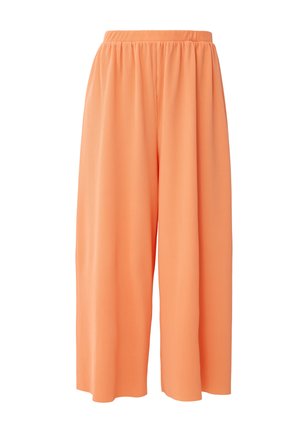 Pantalons orange à jambes larges avec une texture côtelée, dotés d'une taille élastique pour plus de confort. Tissu lisse et respirant adapté pour un usage décontracté.