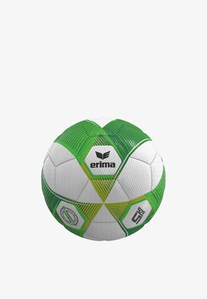 Weißer und grüner Erima Fußball Größe 5 mit geometrischen Mustern und strukturierter Oberfläche auf weißem Hintergrund.