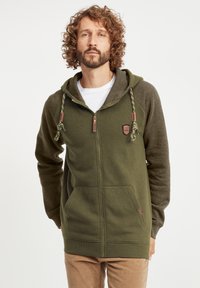 Green zip-up hoodie with contrasting gray sleeves, adjustable drawstring, two front pockets, and a logo patch on the chest.