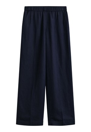 Navyblaue, weit geschnittene Hose mit elastischem Bund und Seitentaschen, auf weißem Hintergrund präsentiert.