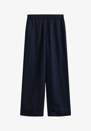 Navyblaue, weit geschnittene Hose mit elastischem Bund und Seitentaschen, auf weißem Hintergrund präsentiert.