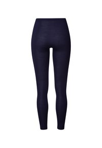 Námořnické modré legíny vyrobené z elastického, hladkého materiálu. Vysoký pas, přiléhavý střih, bezešvá konstrukce bez vzorů nebo akcentů.