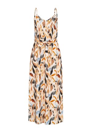 Mekko kevyestä kankaasta, jossa on monivärinen abstrakti kuvio ruskean, mustan ja sinisen sävyissä. Mekossa on säädettävät spagettihihnat ja solmittava vyötärö.