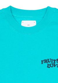 Türkises Sweatshirt mit einem gerippten Rundhalsausschnitt, das auf der linken Seite ein schwarzes Druckdesign mit der Aufschrift "FRUITS LOVE" aufweist.