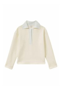 Cremefarvet pullover med en kontrasterende lys blå krave og placket. Den har lange ærmer og et lige kantdesign. Blød tekstur.