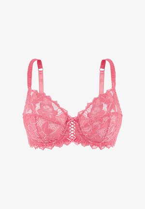 Rosa Spitzen-BH mit floralem Muster, ausgestattet mit einer V-förmigen Vorderseite und einem gekreuzten Detail in der Mitte. Verstellbare Satinschultern und gewellte Kanten.