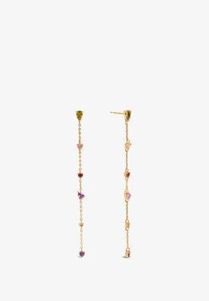 Złote kolczyki z łańcuchowym wzorem, zdobione wieloma kolorowymi kamieniami szlachetnymi, w tym zielonymi, różowymi, pomarańczowymi i fioletowymi akcentami.