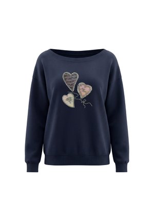 Marineblå sweatshirt med bred halsudskæring og tre broderede ballonhjerter i forskellige farver og mønstre foran.