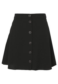 Falda negra de corte en línea A hecha de tela texturizada, con una pretina y seis botones frontales, y un dobladillo acampanado para un ajuste cómodo.